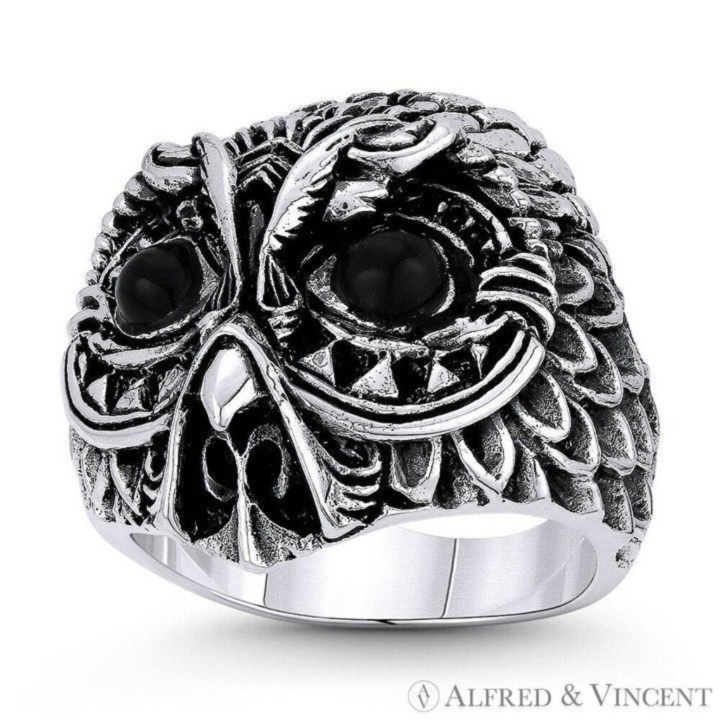 Owl Animal Charm Knowledge Men's Large Ring In .925 Sterling Silver - Size 9